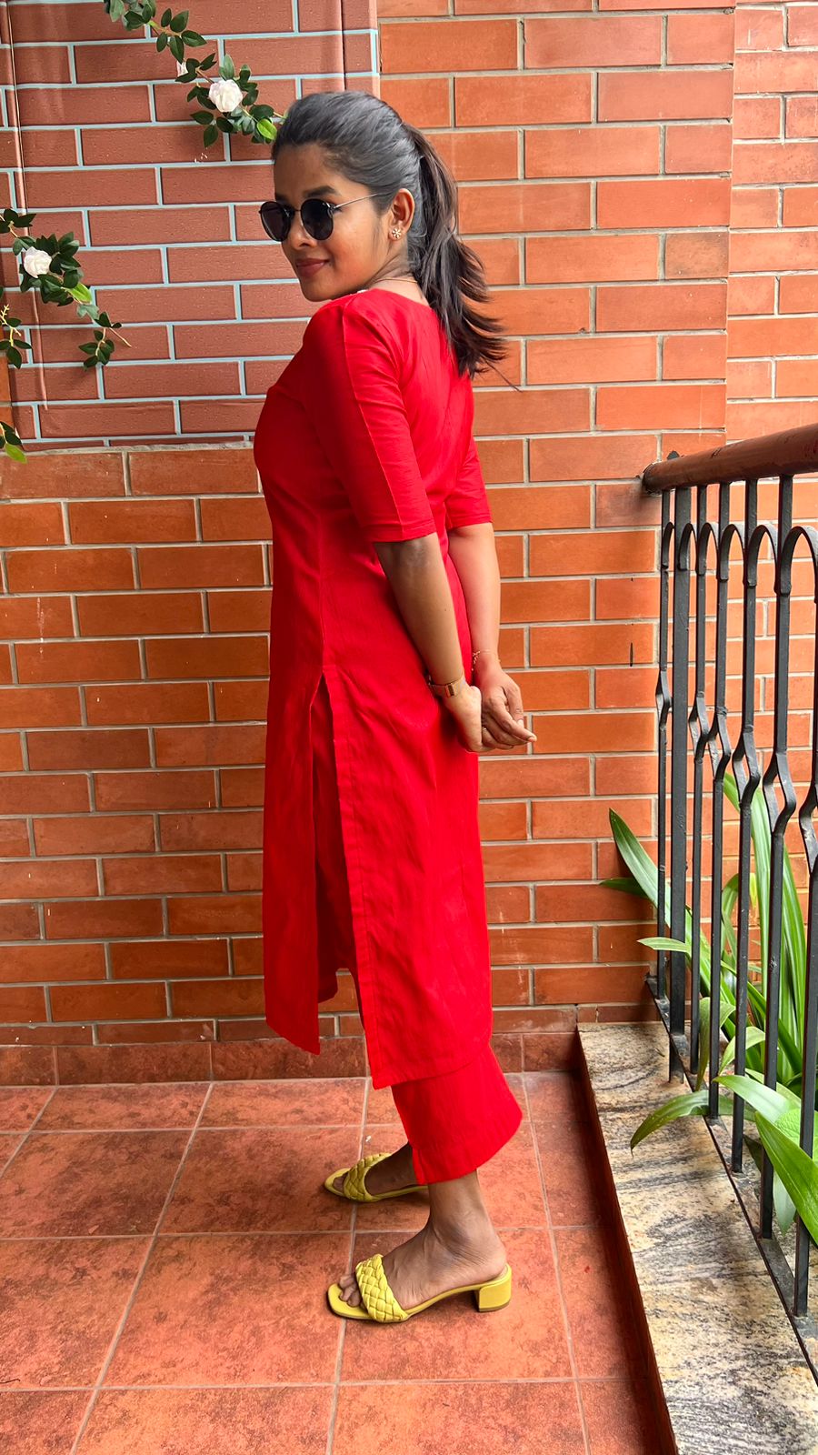 Red silk hand worked 2 piece kurti / coord set