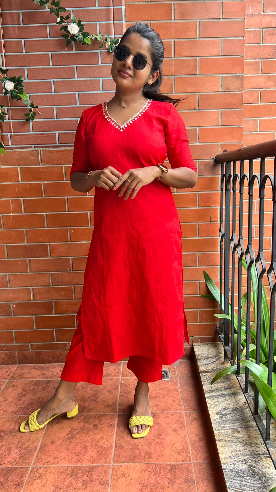 Red silk hand worked 2 piece kurti / coord set