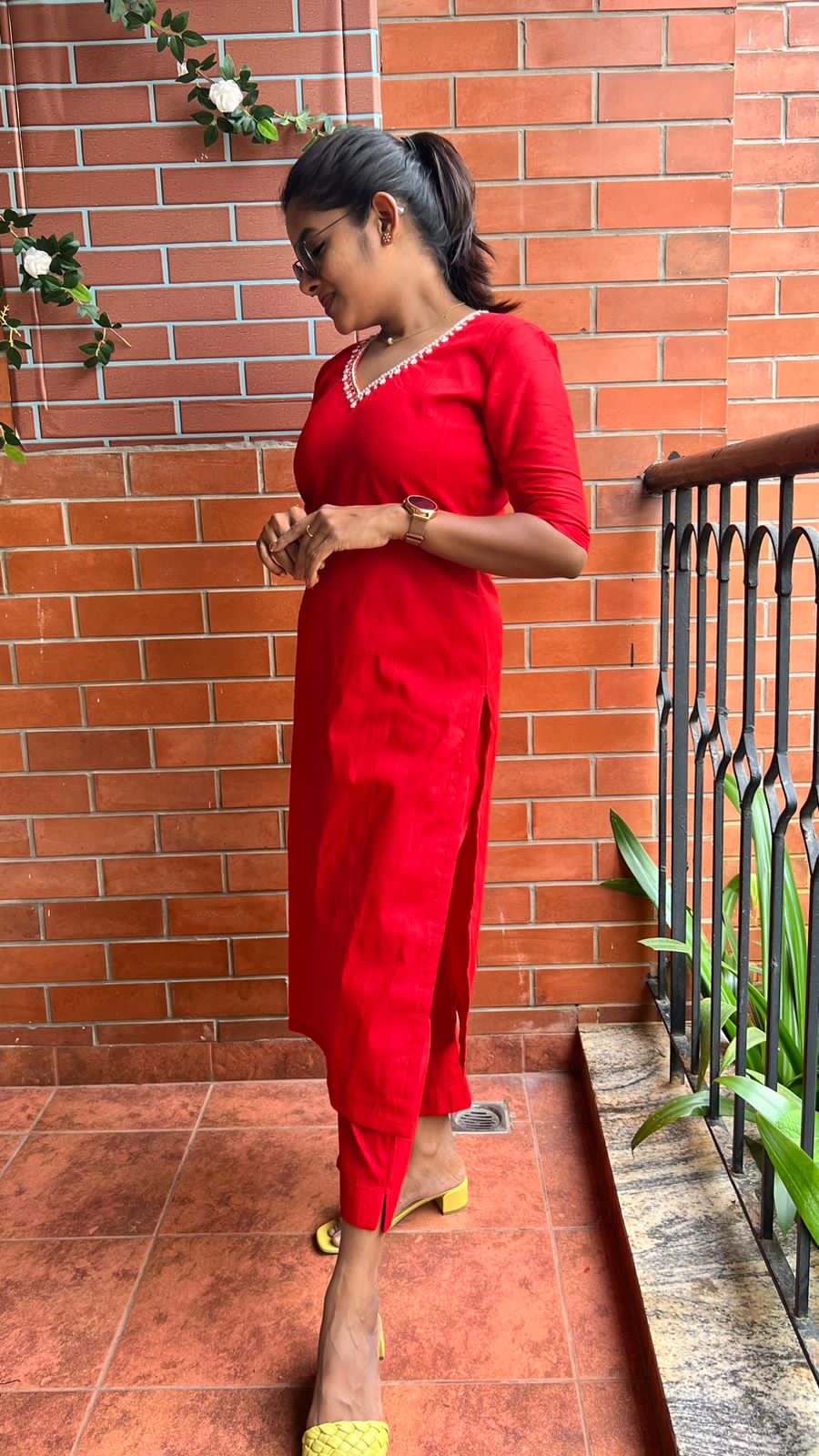 Red silk hand worked 2 piece kurti / coord set