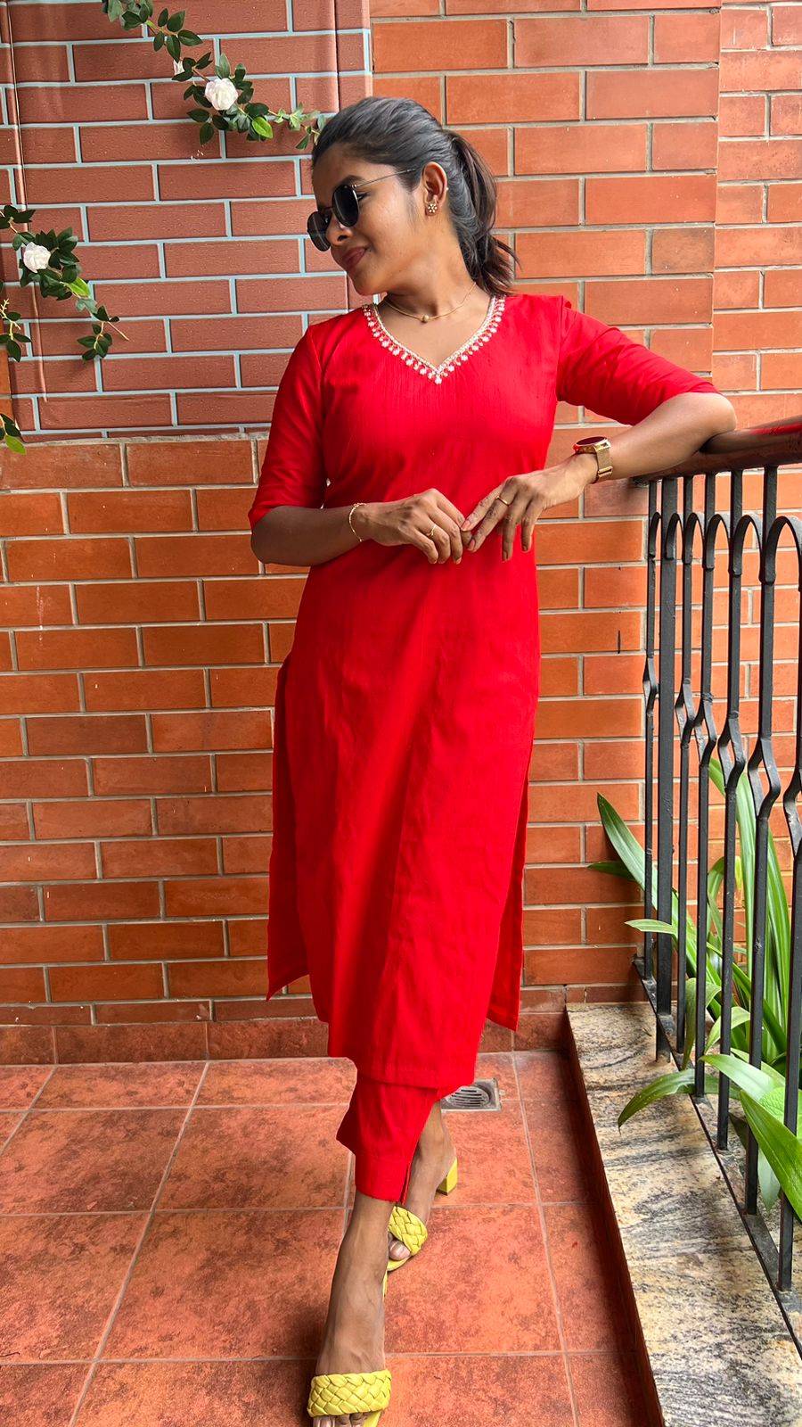 Red silk hand worked 2 piece kurti / coord set