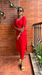 Red silk hand worked 2 piece kurti / coord set