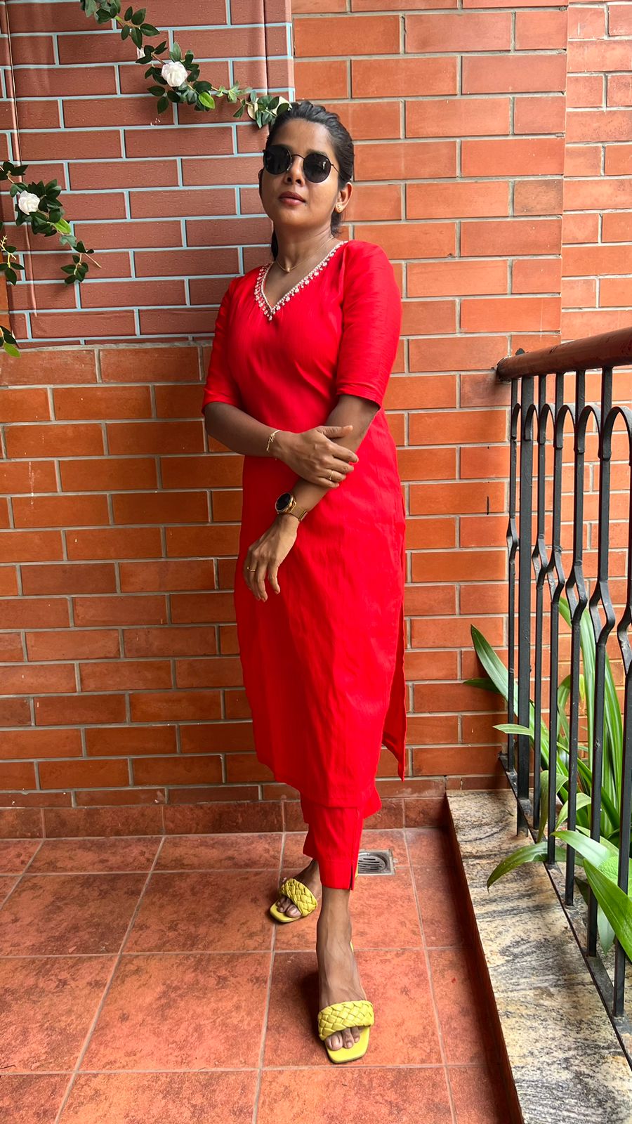 Red silk hand worked 2 piece kurti / coord set