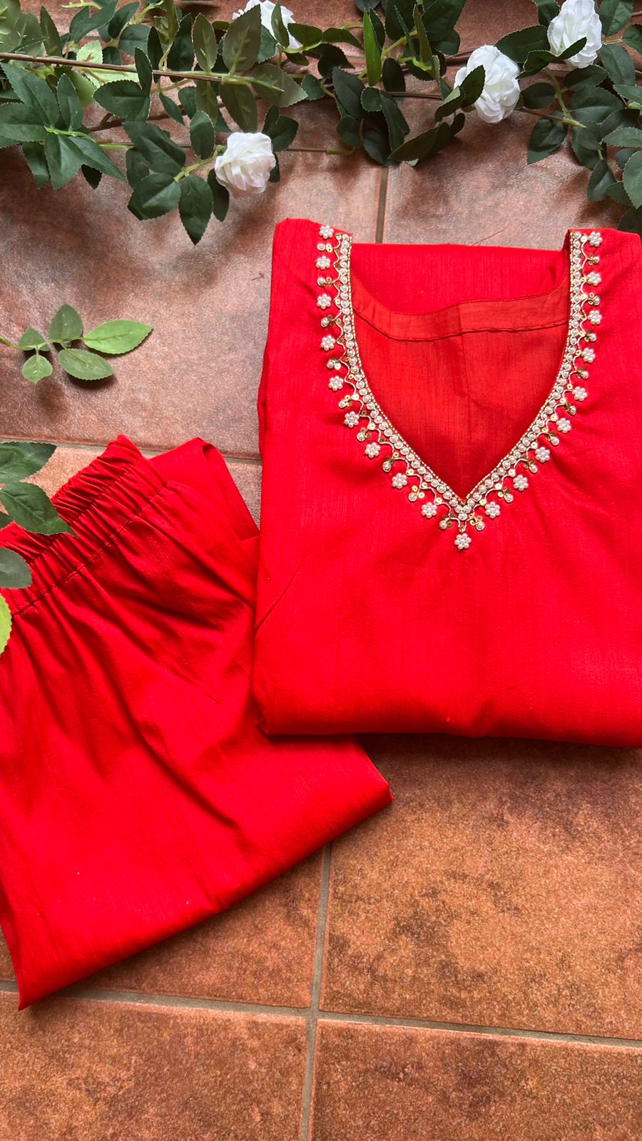 Red silk hand worked 2 piece kurti / coord set