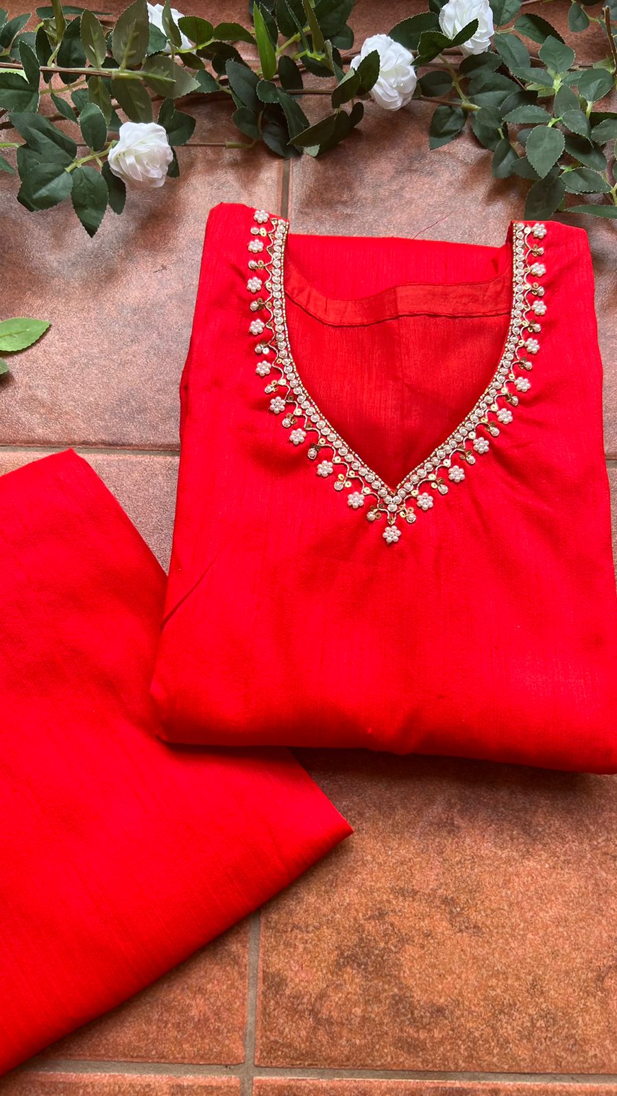 Red silk hand worked 2 piece kurti / coord set