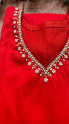 Red silk hand worked 2 piece kurti / coord set