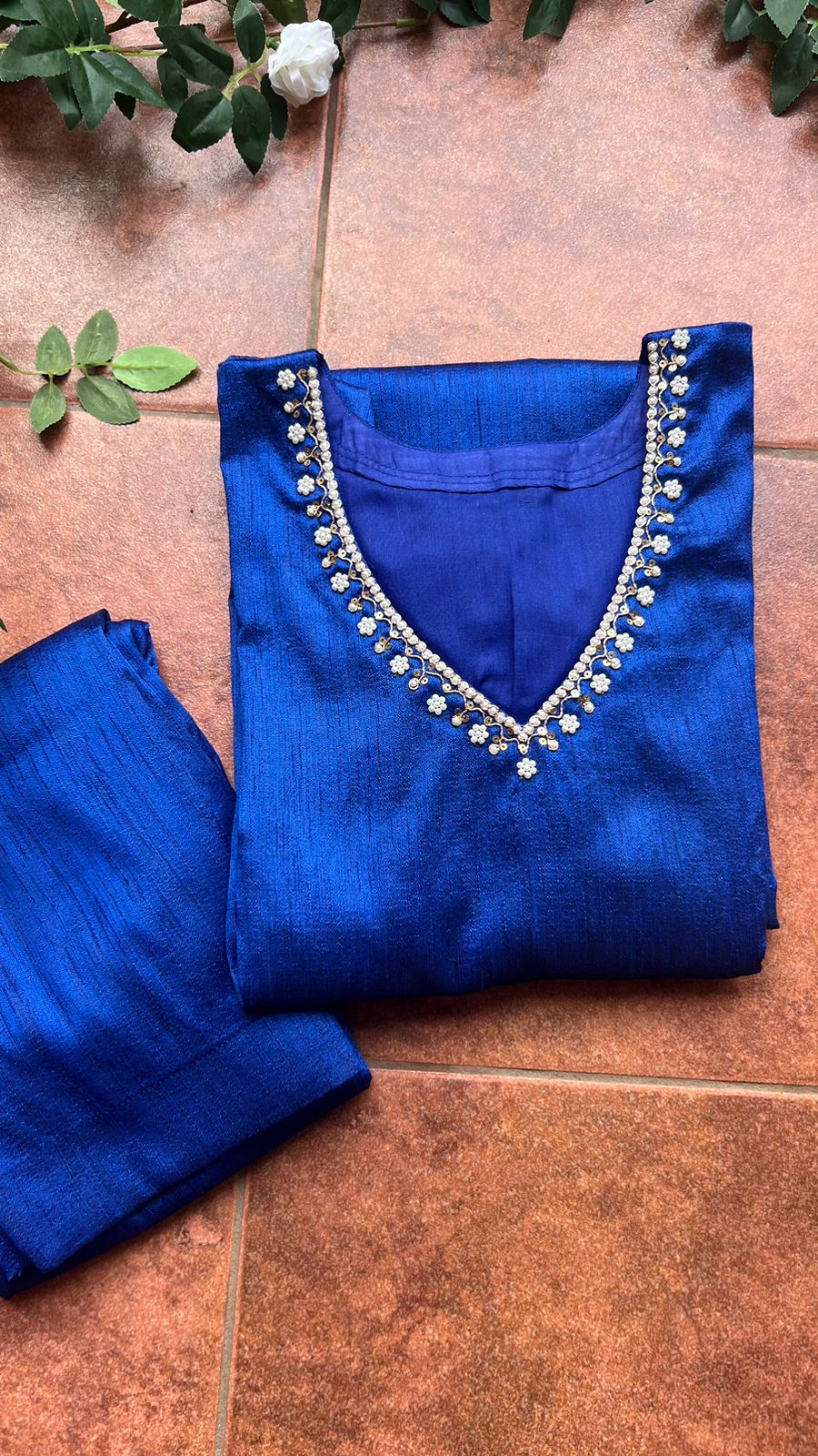 Royal blue silk hand worked 2 piece kurti / coord set