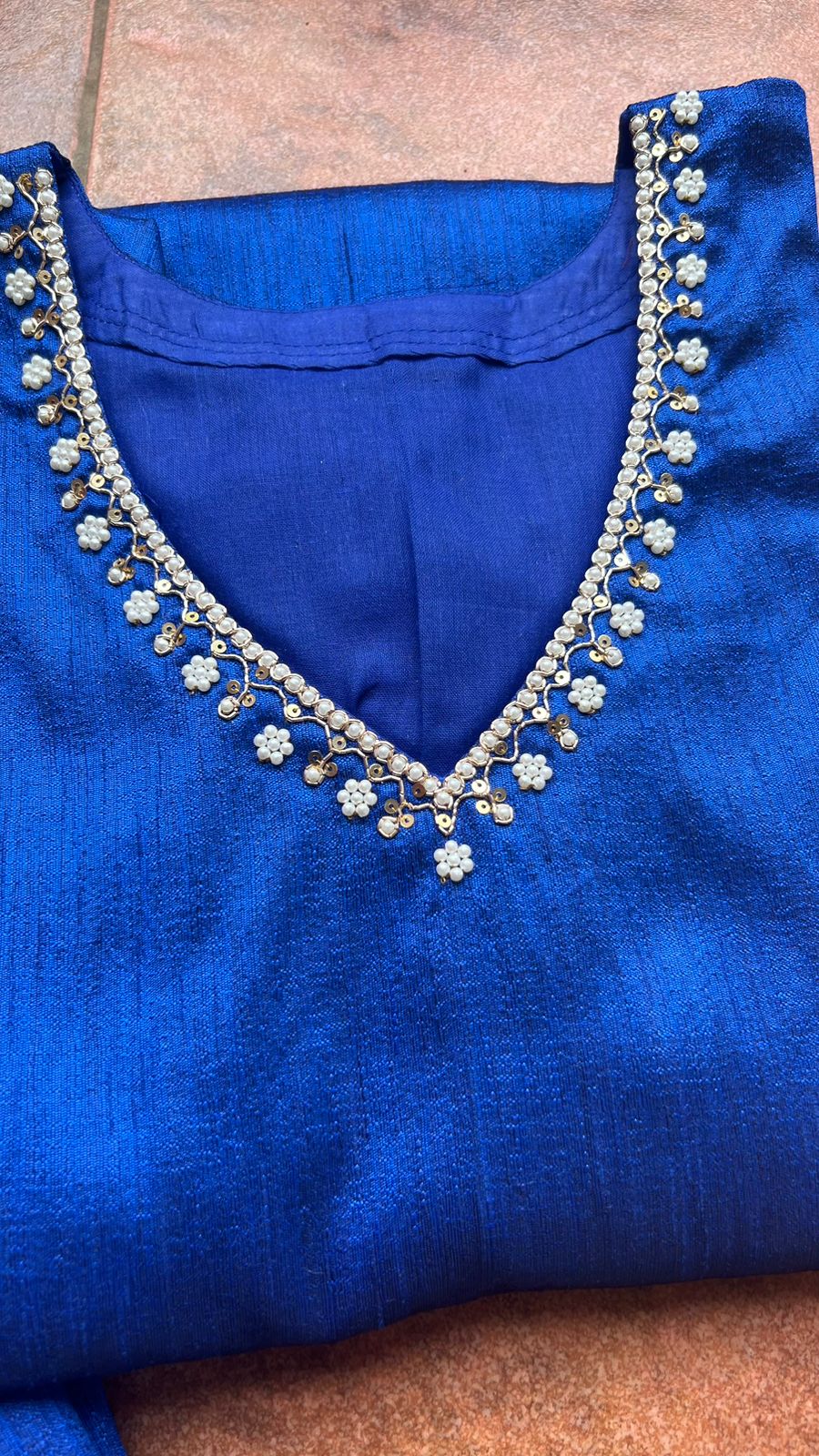 Royal blue silk hand worked 2 piece kurti / coord set