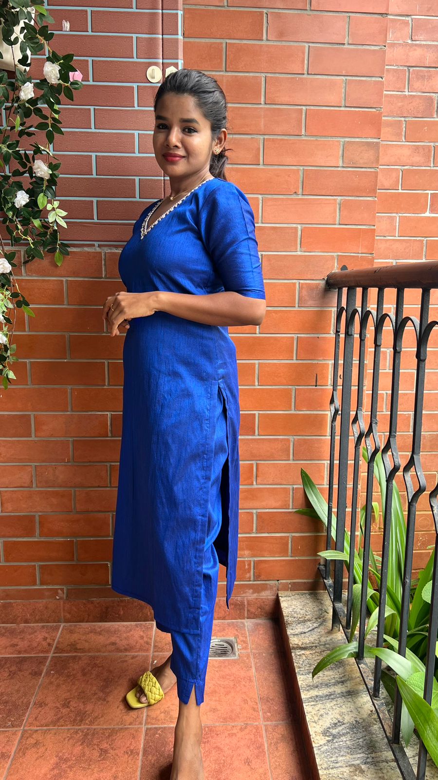 Royal blue silk hand worked 2 piece kurti / coord set