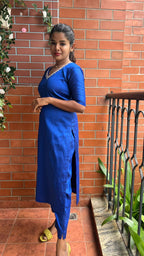Royal blue silk hand worked 2 piece kurti / coord set