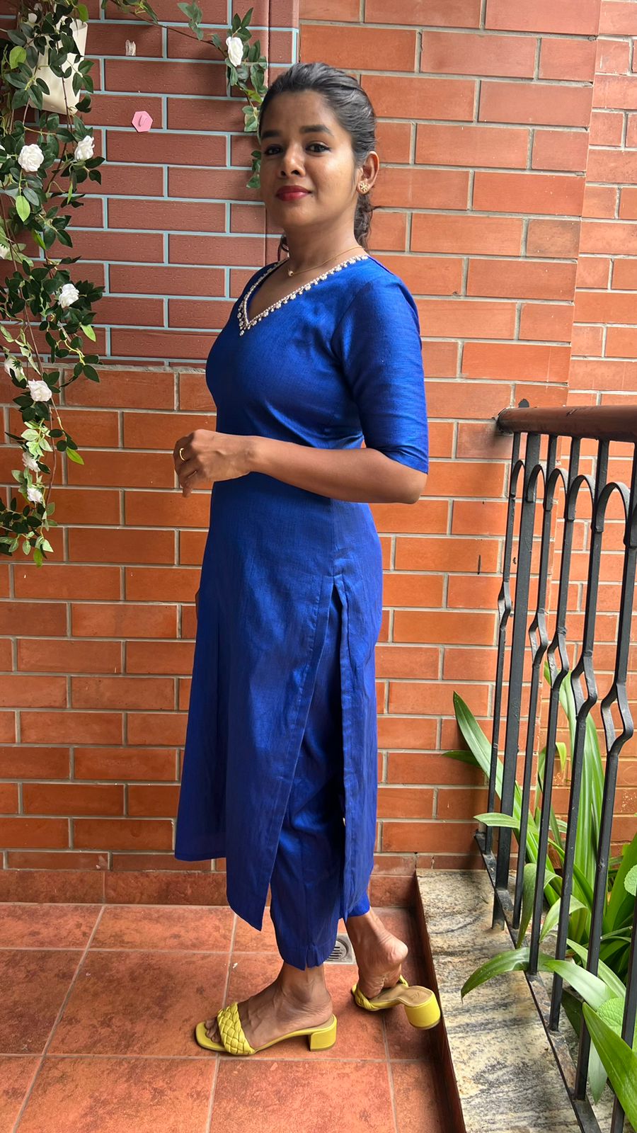 Royal blue silk hand worked 2 piece kurti / coord set