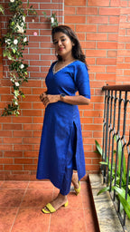 Royal blue silk hand worked 2 piece kurti / coord set