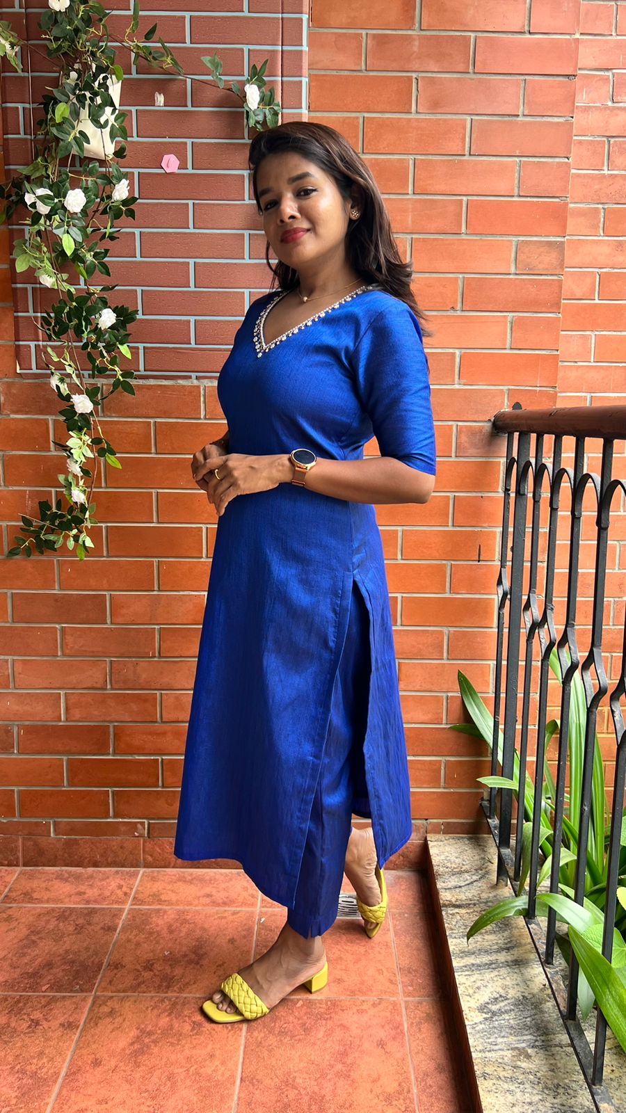 Royal blue silk hand worked 2 piece kurti / coord set