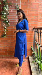 Royal blue silk hand worked 2 piece kurti / coord set