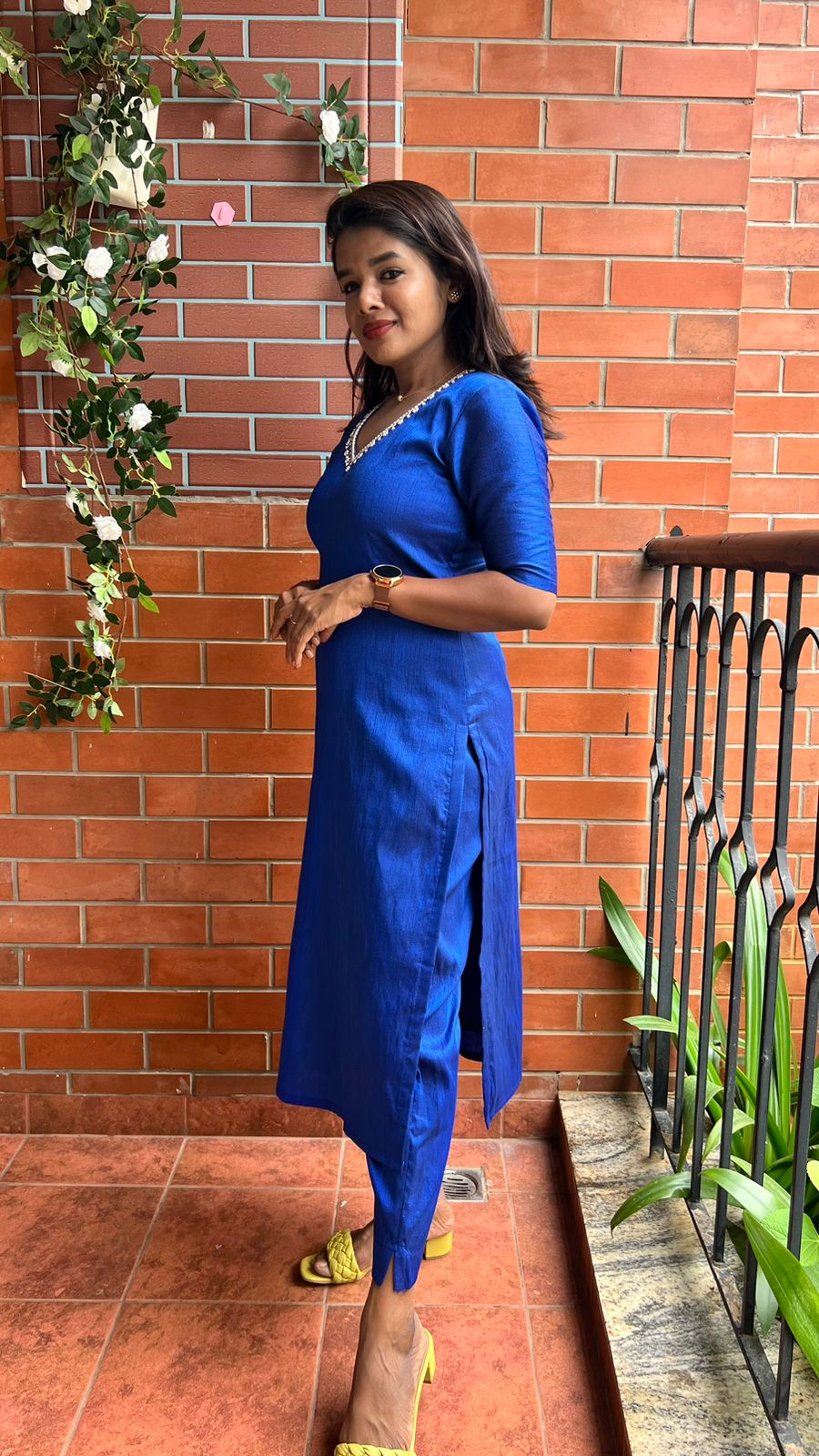 Royal blue silk hand worked 2 piece kurti / coord set