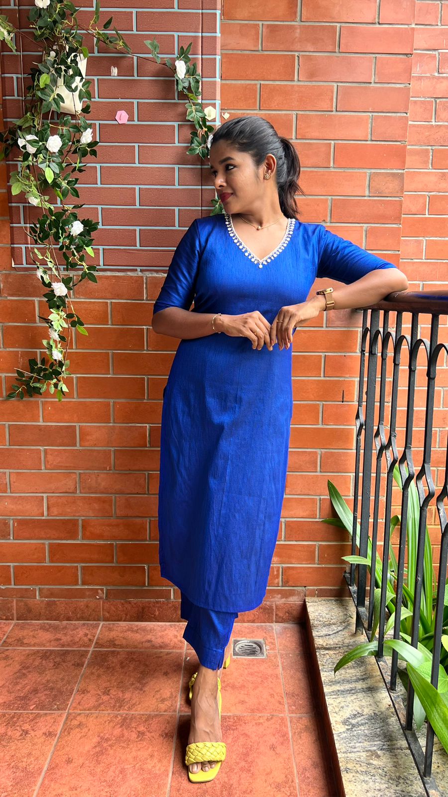 Royal blue silk hand worked 2 piece kurti / coord set