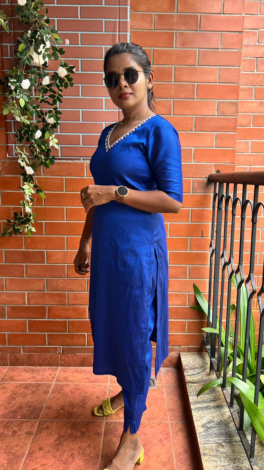 Royal blue silk hand worked 2 piece kurti / coord set