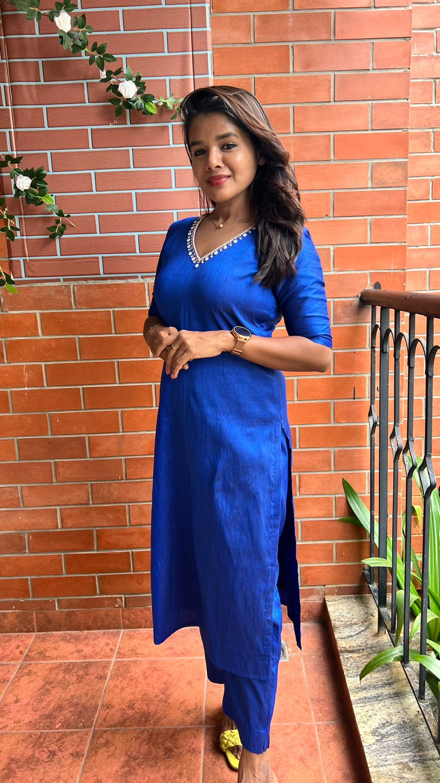 Royal blue silk hand worked 2 piece kurti / coord set