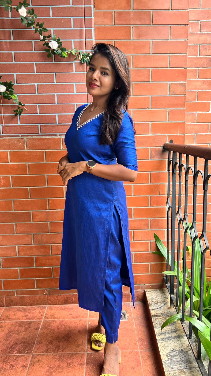 Royal blue silk hand worked 2 piece kurti / coord set