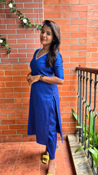 Royal blue silk hand worked 2 piece kurti / coord set