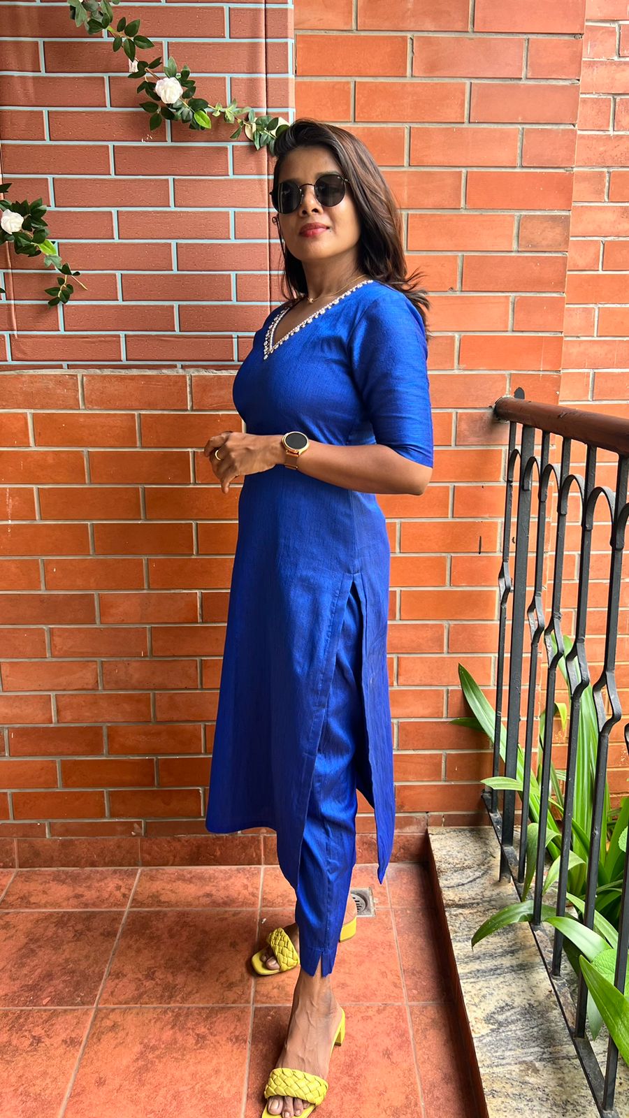 Royal blue silk hand worked 2 piece kurti / coord set