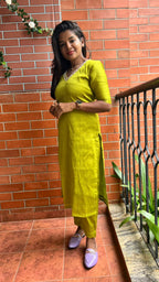 Parrot green silk hand worked 2 piece kurti / coord set