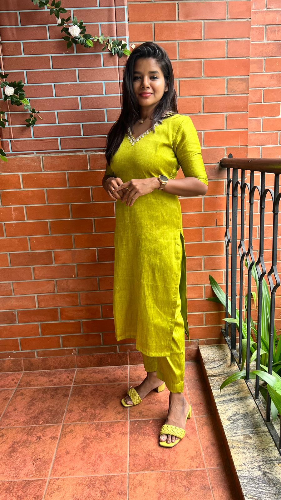 Parrot green silk hand worked 2 piece kurti / coord set