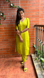 Parrot green silk hand worked 2 piece kurti / coord set