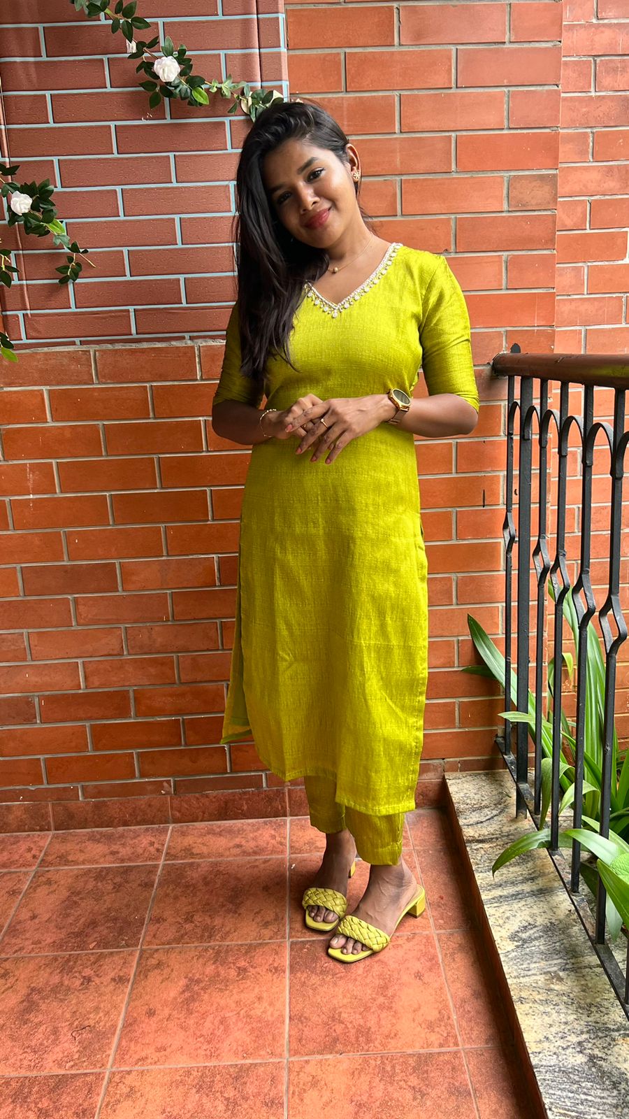 Parrot green silk hand worked 2 piece kurti / coord set
