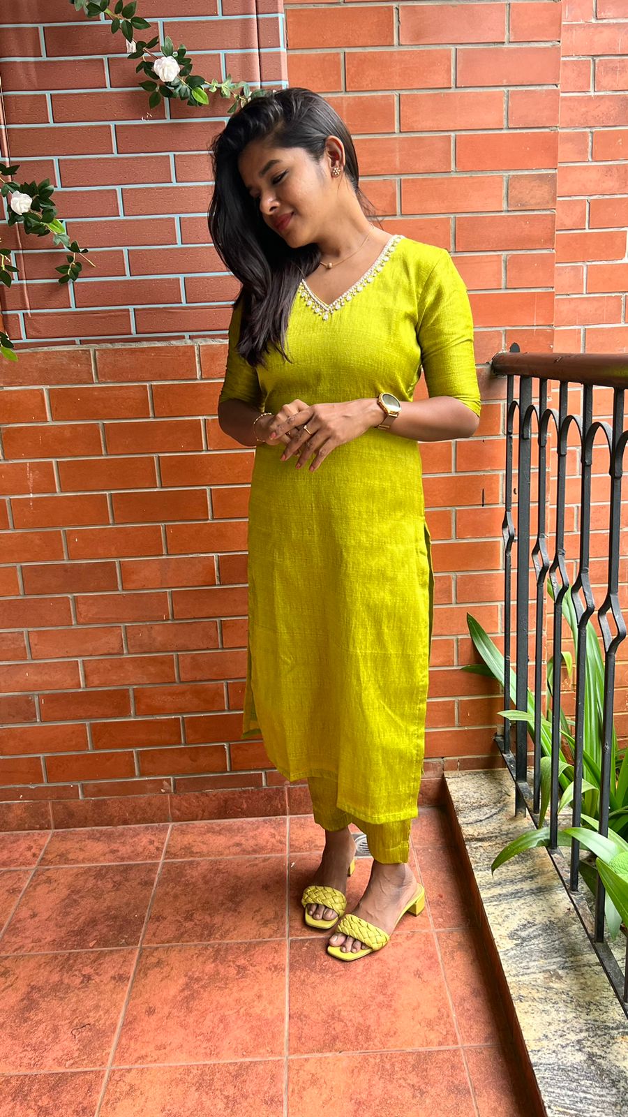 Parrot green silk hand worked 2 piece kurti / coord set