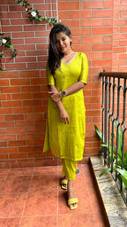 Parrot green silk hand worked 2 piece kurti / coord set