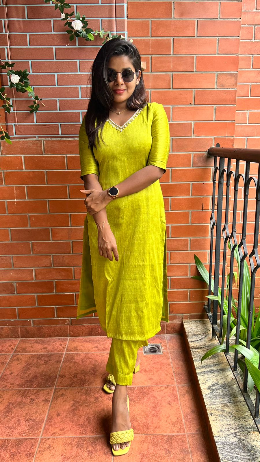 Parrot green silk hand worked 2 piece kurti / coord set