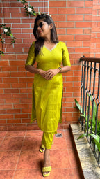Parrot green silk hand worked 2 piece kurti / coord set