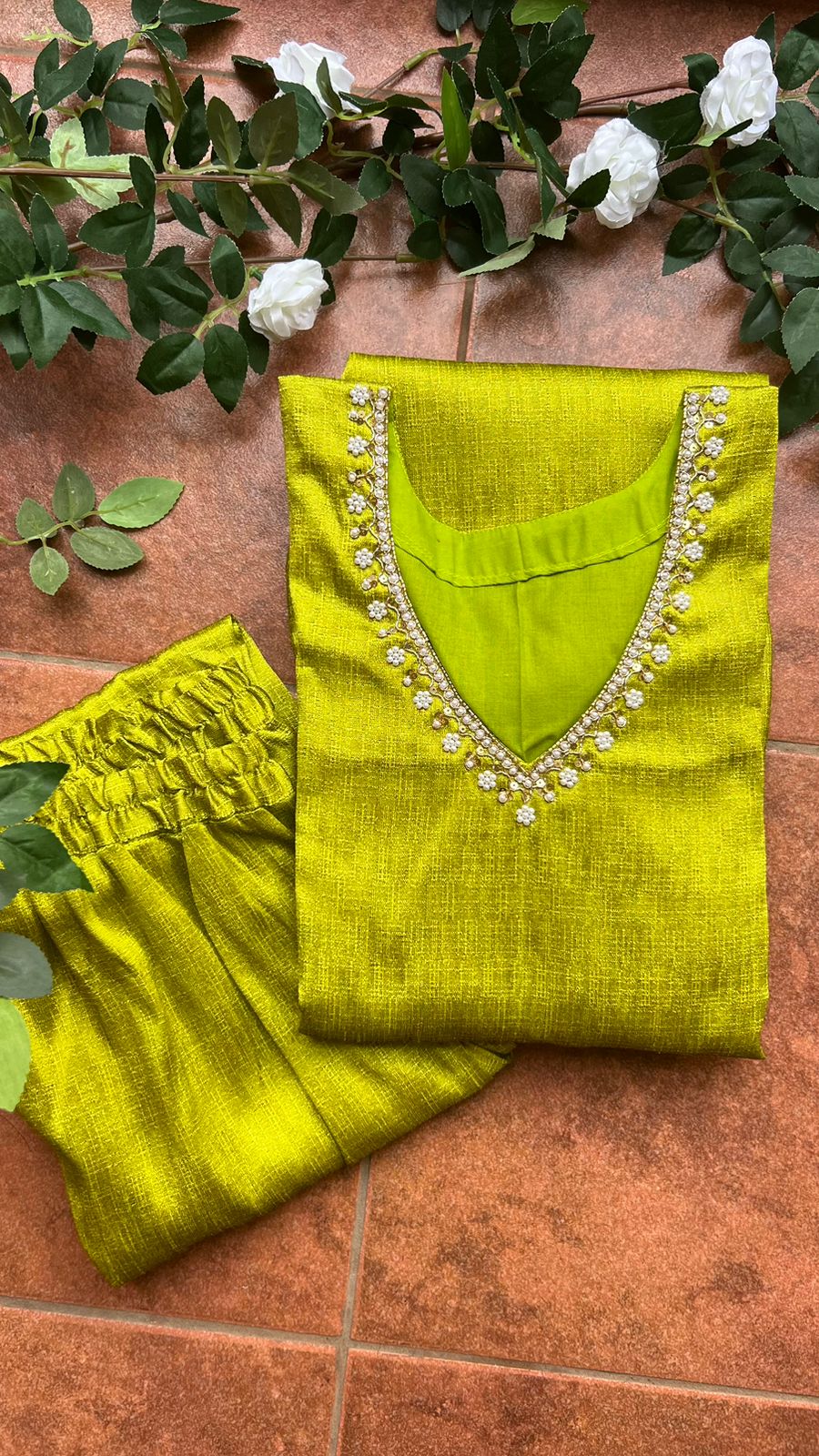 Parrot green silk hand worked 2 piece kurti / coord set