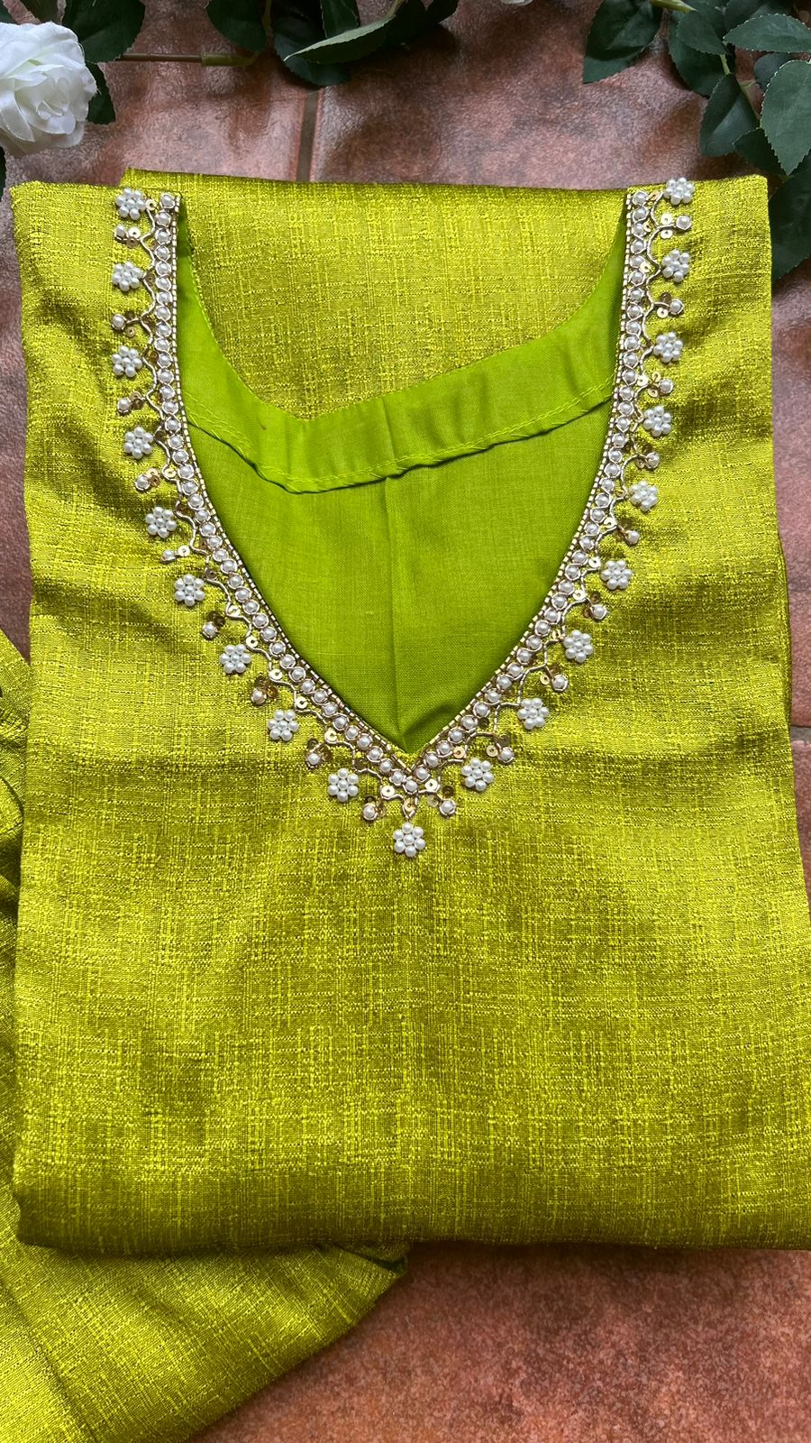 Parrot green silk hand worked 2 piece kurti / coord set