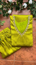 Parrot green silk hand worked 2 piece kurti / coord set
