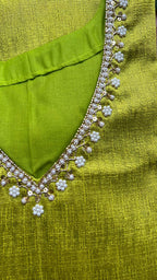 Parrot green silk hand worked 2 piece kurti / coord set