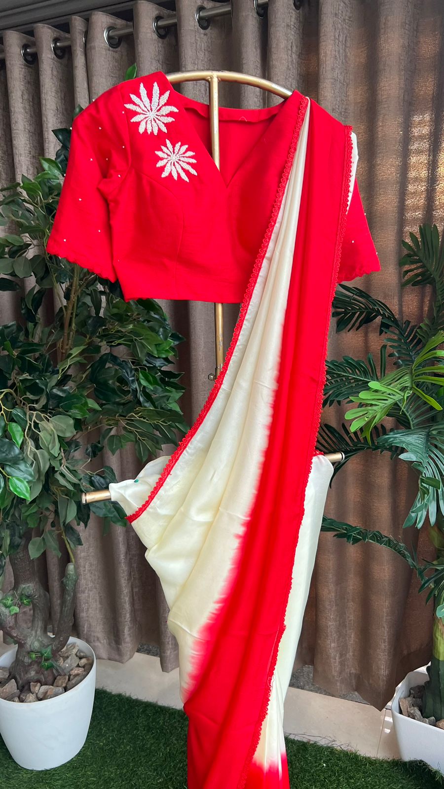 Red pearl hand worked blouse