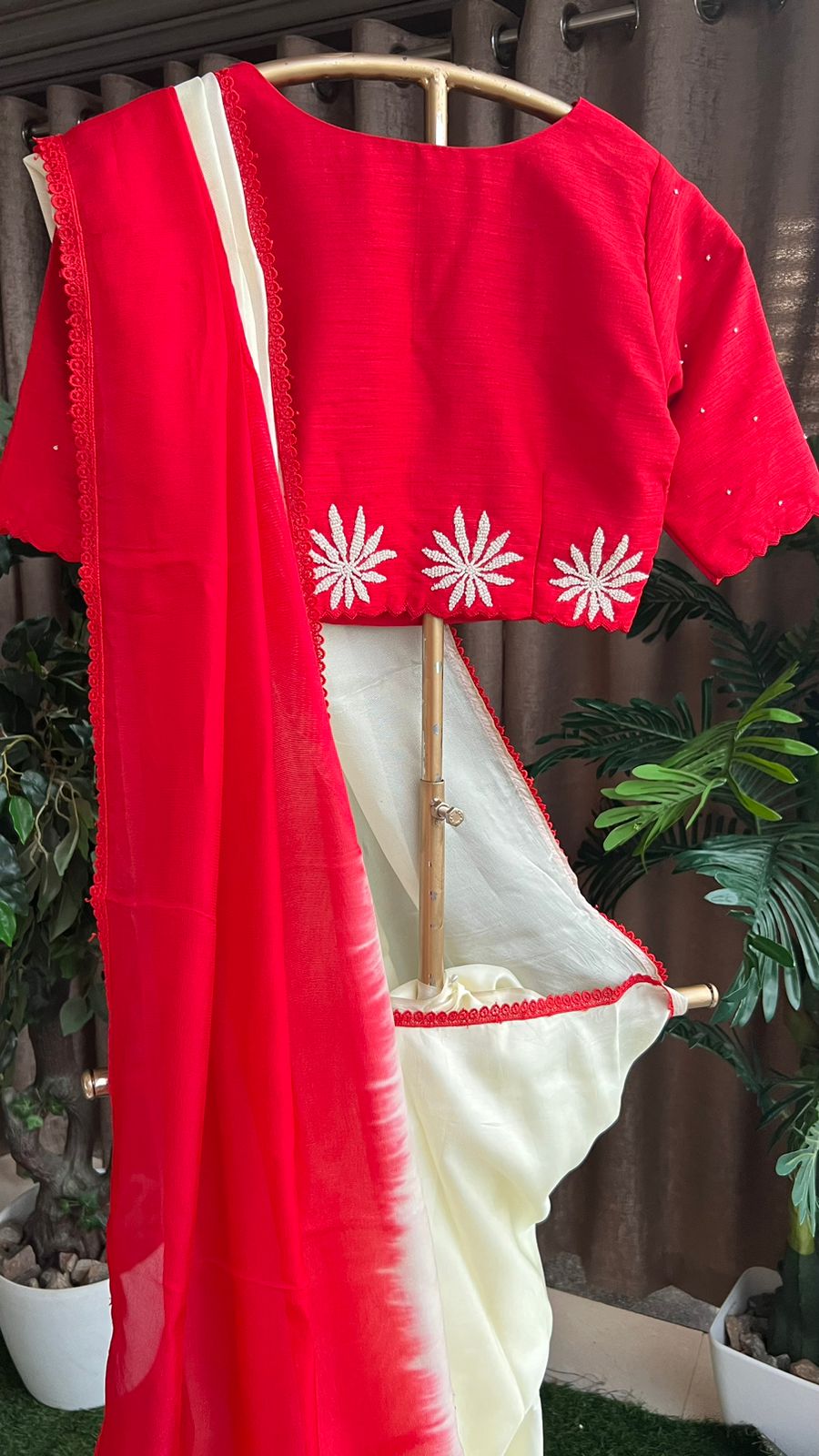 Cream & red saree with hand work blouse