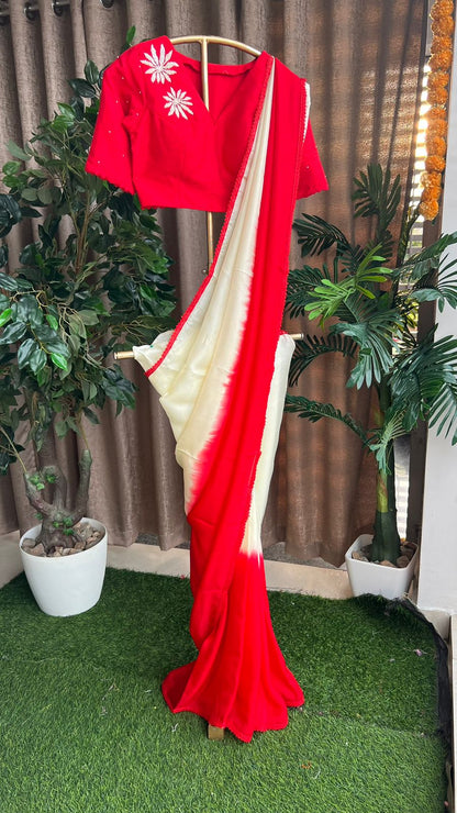 Cream & red saree with hand work blouse
