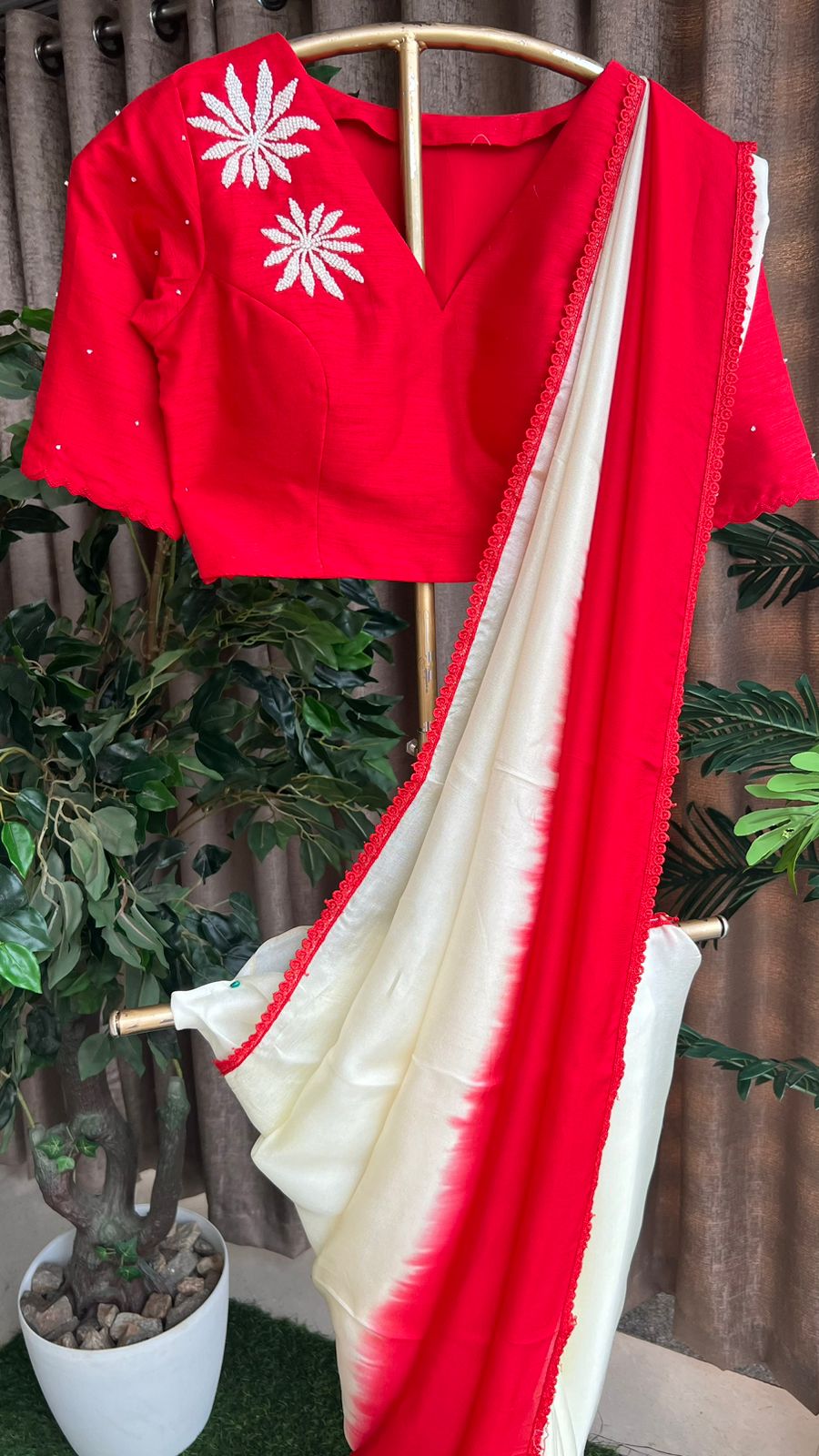 Red pearl hand worked blouse