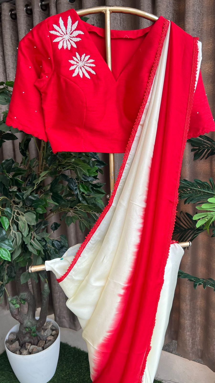 Cream & red saree with hand work blouse