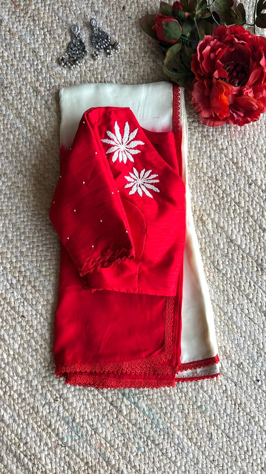 Red pearl hand worked blouse