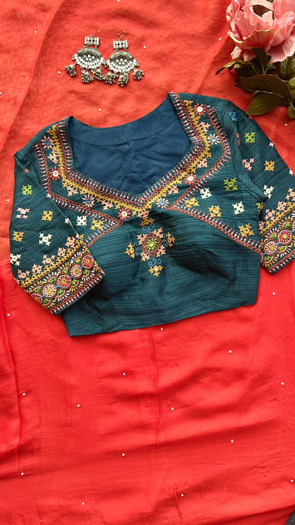 Deep orange saree with hand worked blouse