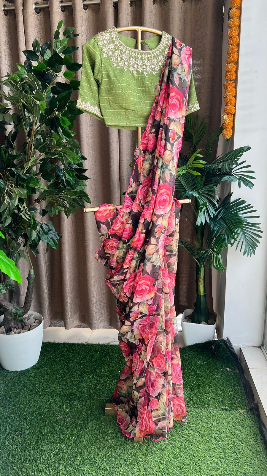 Buy Moss Green Floral Saree In Crepe With Embroidery