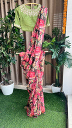 Black & pink floral saree with handwork blouse