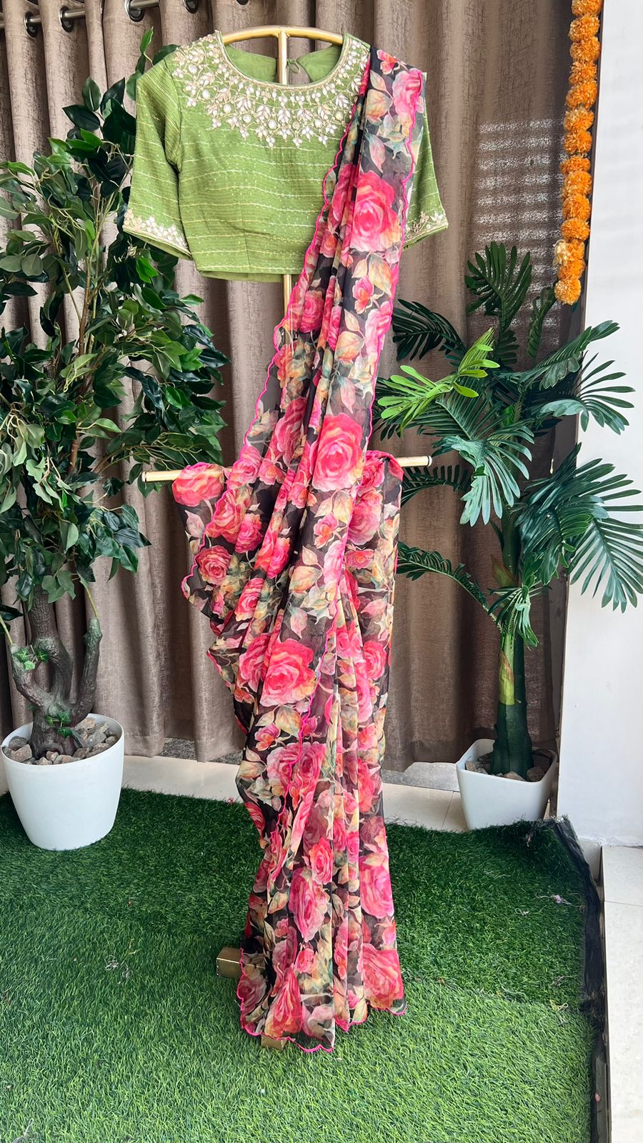 Black & pink floral saree with handwork blouse