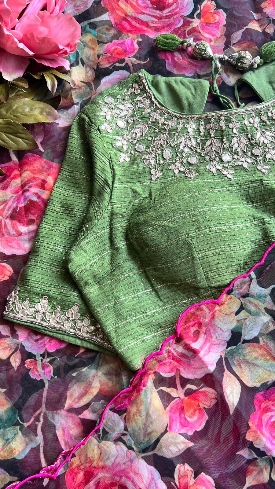 Black & pink floral saree with handwork blouse