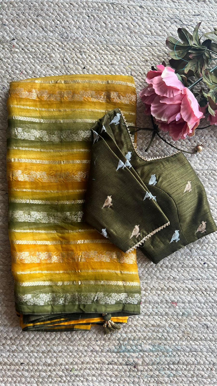 Yellow & bottle green saree with hand worked blouse