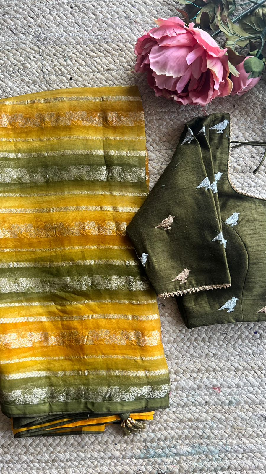 Yellow & bottle green saree with hand worked blouse