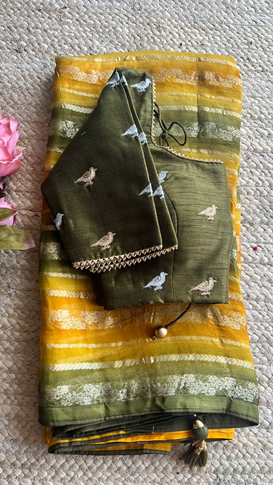 Yellow & bottle green saree with hand worked blouse